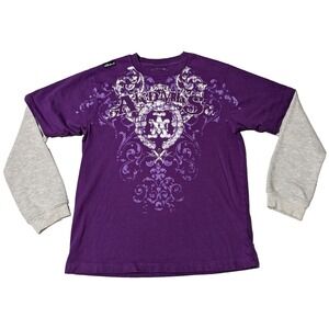 AKADEMIKS FAUX LAYERED Waffle Thermal Sleeve Boys Large Purple Graphic T-Shirt